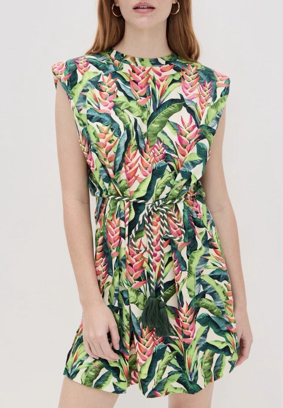 NWT Farm Rio Heli Leaves Pearl T-Shirt Jersey Mini Dress Medium Tropical
